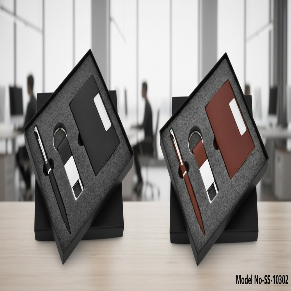 3 In 1 Luxury Pu Leather Business Card Holder, Pen & Keychain Corporate Gift Set (Ss-10302) - Design Type: Modern Executive Design