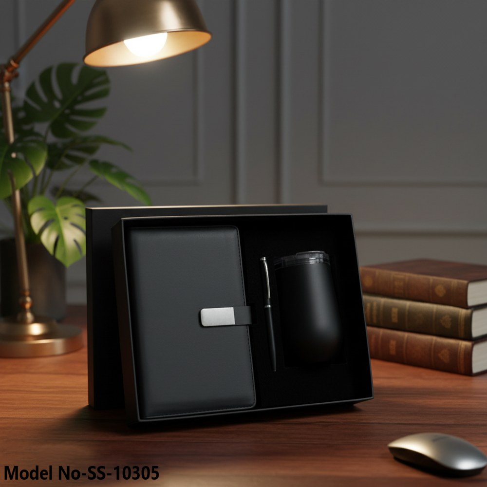 (ss-10305) Leather Diary And Metal Pen, Coffee Mug Gift Set - Color: Black