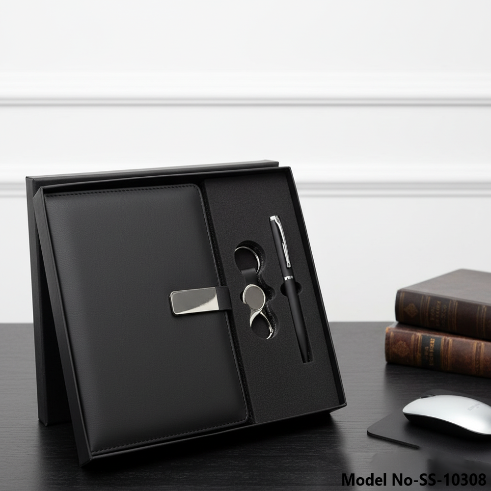 Luxury Pu Leather Executive Diary With Metal Flap Plate, Pen & Keychain Set (Ss-10308) - Color: Black