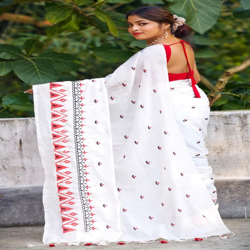 White Color Embroidery Khadi Saree