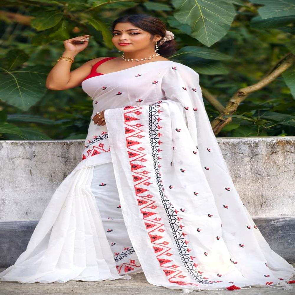 White Color Embroidery Khadi Saree