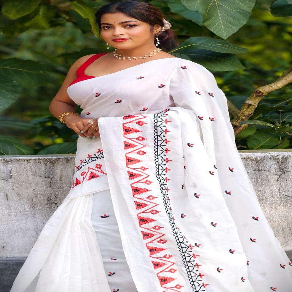 White Color Embroidery Khadi Saree