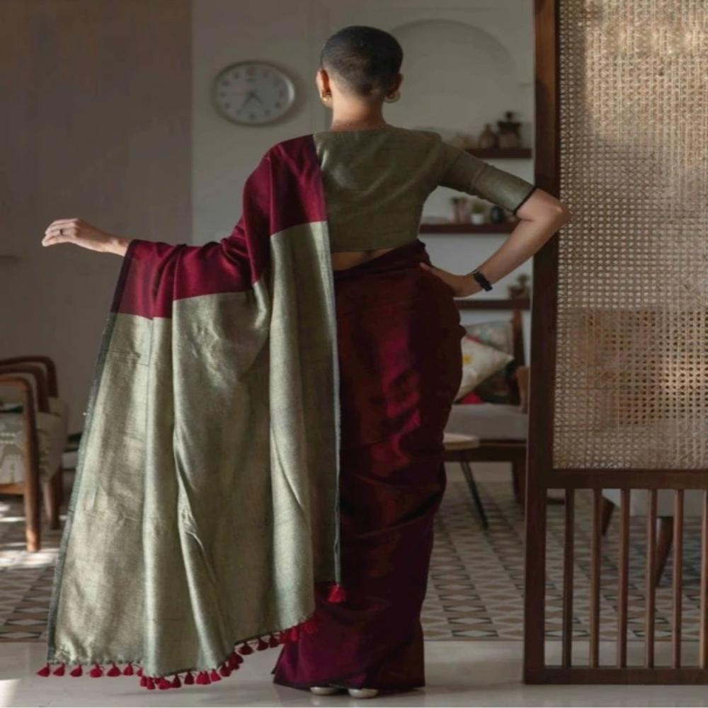 Maroon And Gray Contrast Saree