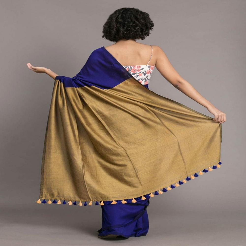 Blue And Golden Contrast Saree