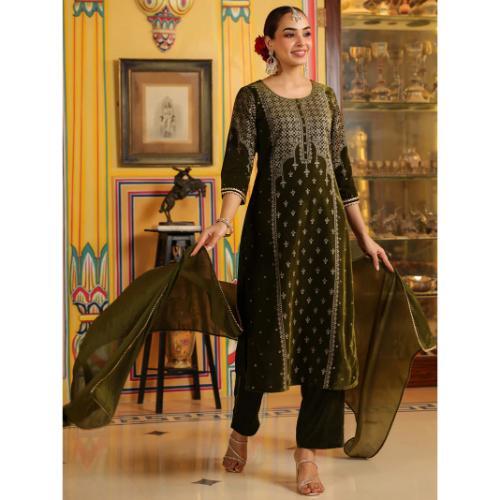 Olive Green Velvet Gold Foil Printed Straight Kurta Set