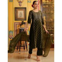 Olive Green Velvet Gold Foil Printed Straight Kurta Set - Gender: Female