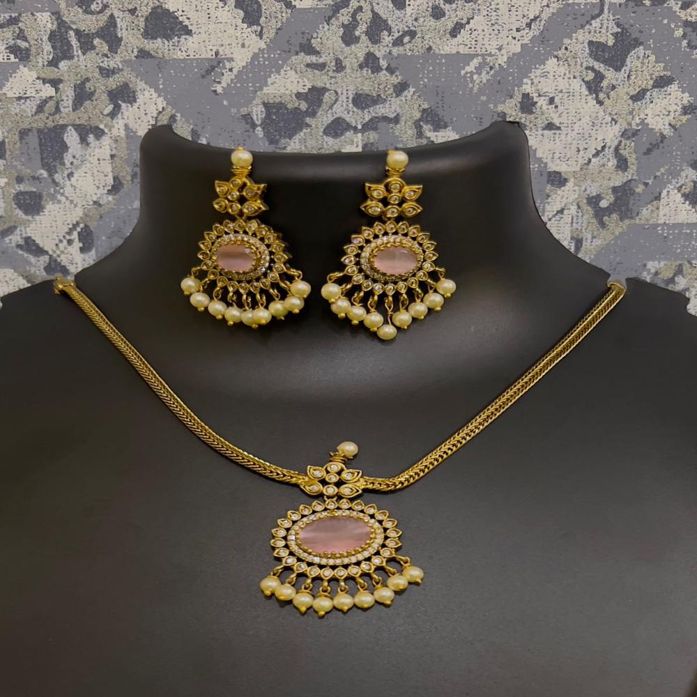 Matte Gold Plated Pink Stone Necklace - Color: Different Available