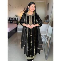 Black Velvet Gold Foil Printed Straight Kurta Set