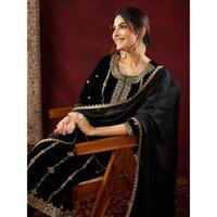 Black Velvet Gold Foil Printed Straight Kurta Set