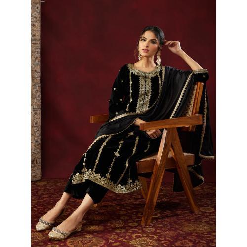 Black Velvet Gold Foil Printed Straight Kurta Set