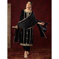 Black Velvet Gold Foil Printed Straight Kurta Set