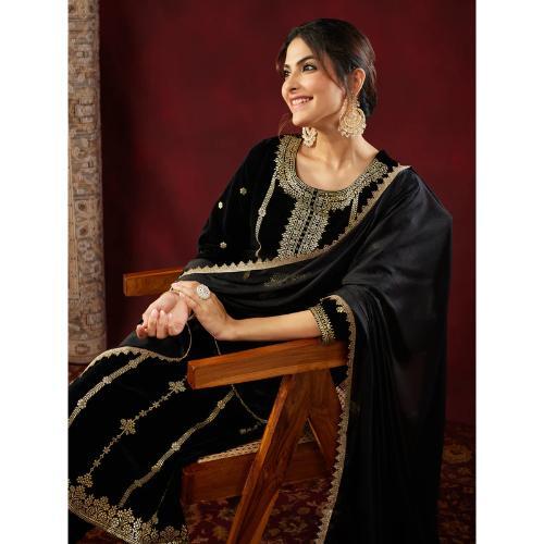 Black Velvet Gold Foil Printed Straight Kurta Set