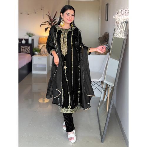 Black Velvet Gold Foil Printed Straight Kurta Set