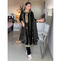 Black Velvet Gold Foil Printed Straight Kurta Set