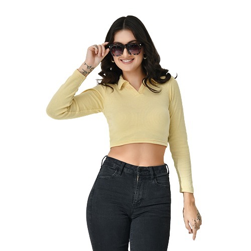 Yellow Colour Full Sleeves Collared Crop Top