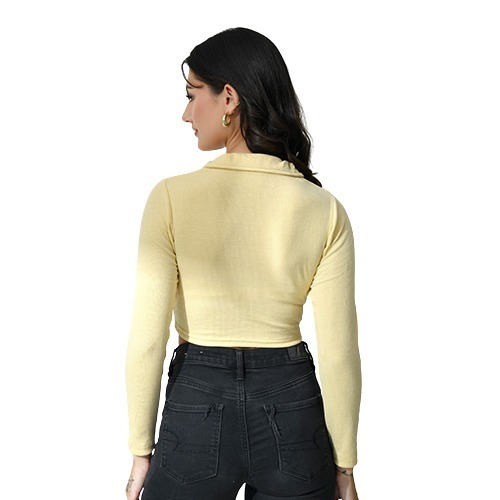 Yellow Colour Full Sleeves Collared Crop Top