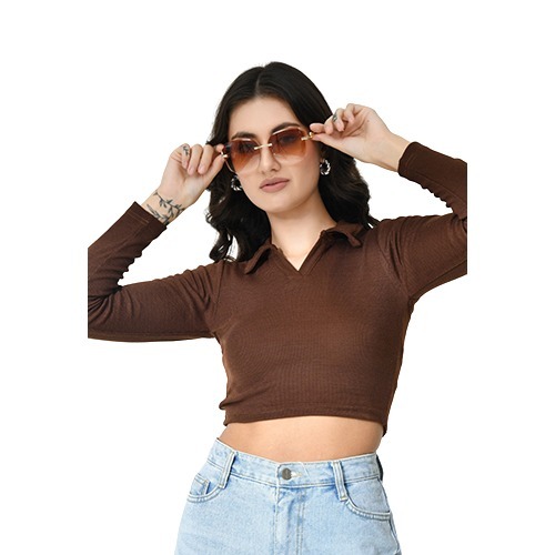 Brown Colour Full Sleeves Collared Crop Top
