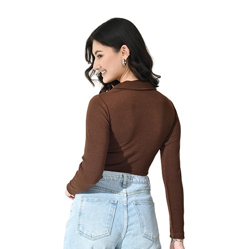 Brown Colour Full Sleeves Collared Crop Top