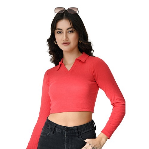 Hot Pink Colour Full Sleeves Collared Crop Top