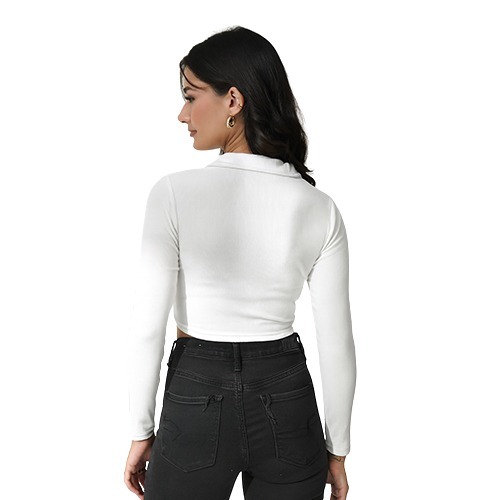White Colour Full Sleeves Collared Crop Top - Design: Plain