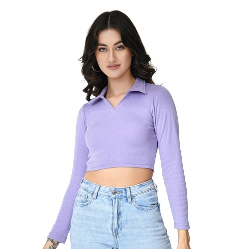 Lavender Colour Full Sleeves Collared Crop Top