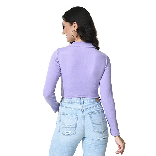 Lavender Colour Full Sleeves Collared Crop Top