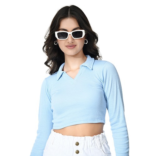 Sky Blue Colour Full Sleeves Collared Crop Top - Design: Plain