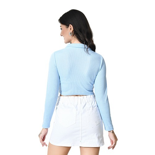 Sky Blue Colour Full Sleeves Collared Crop Top