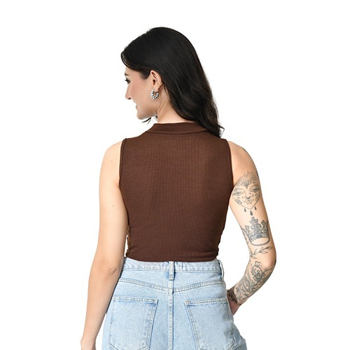 Brown Colour High Neck Crop Top - Design: Plain