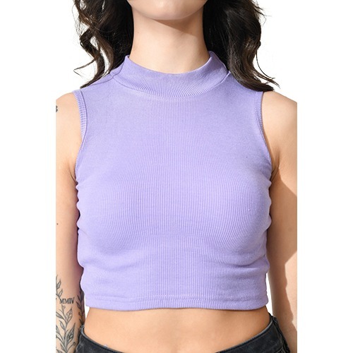 Lavender Colour High Neck Crop Top - Design: Plain