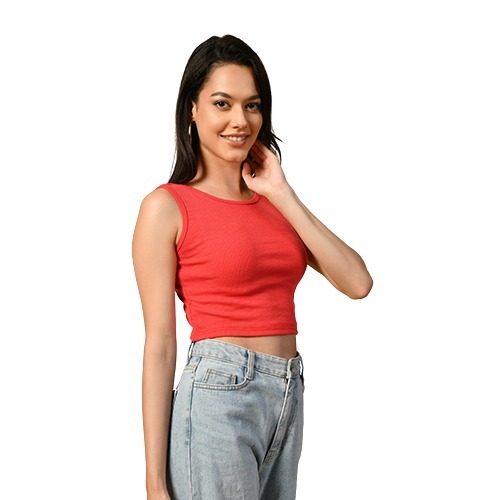 Red Cotton Round Neck Crop Top