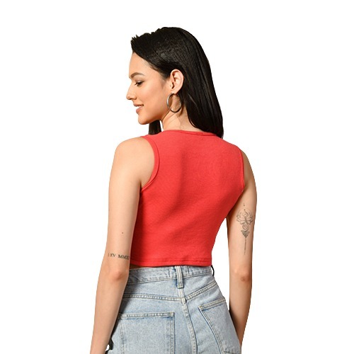 Red Cotton Round Neck Crop Top