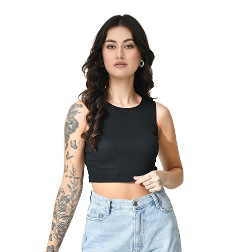 Black Cotton Round Neck Crop Top