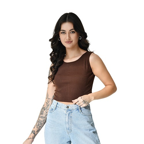 Brown Cotton Round Neck Crop Top