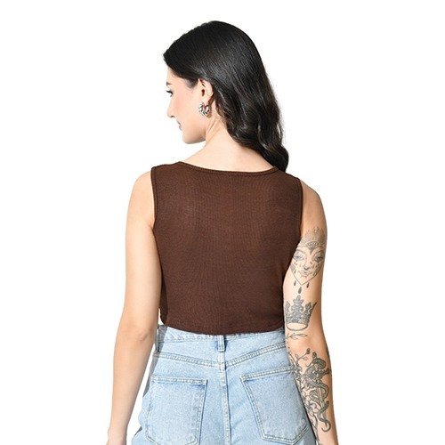Brown Cotton Round Neck Crop Top