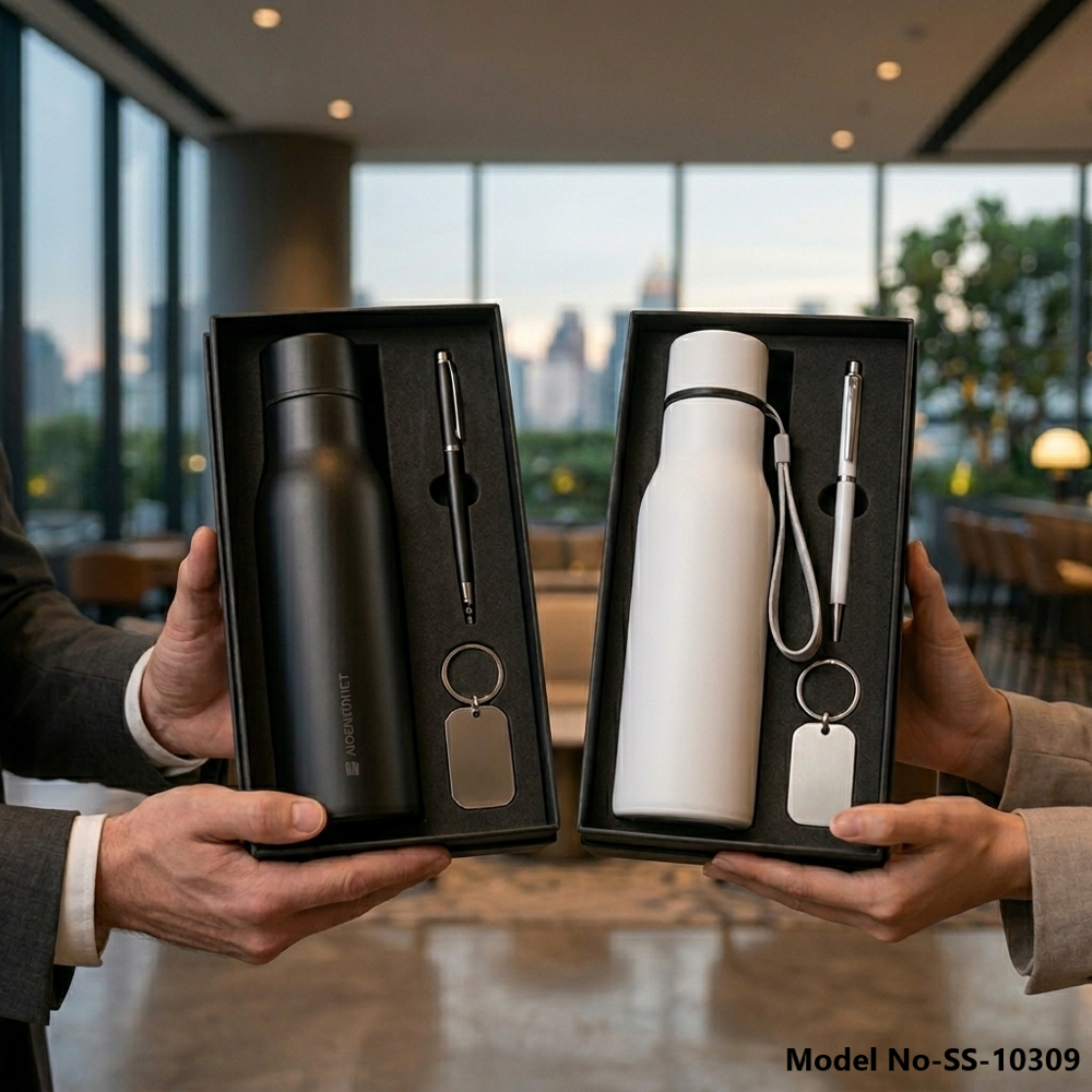 Premium 3 In 1 Corporate Gift Set With Stainless Steel Bottle, Pen & Metal Keychain (Ss-10309) - Capacity: Bottle-500 Milliliter (Ml)