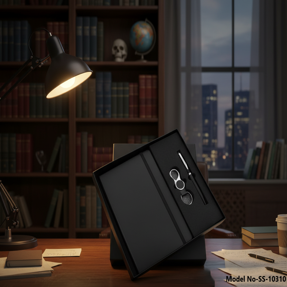 Premium 3-In-1 Pu Leather Notebook, Metal Keychain & Ball Pen Gift Set (Ss-10310) - Color: Black