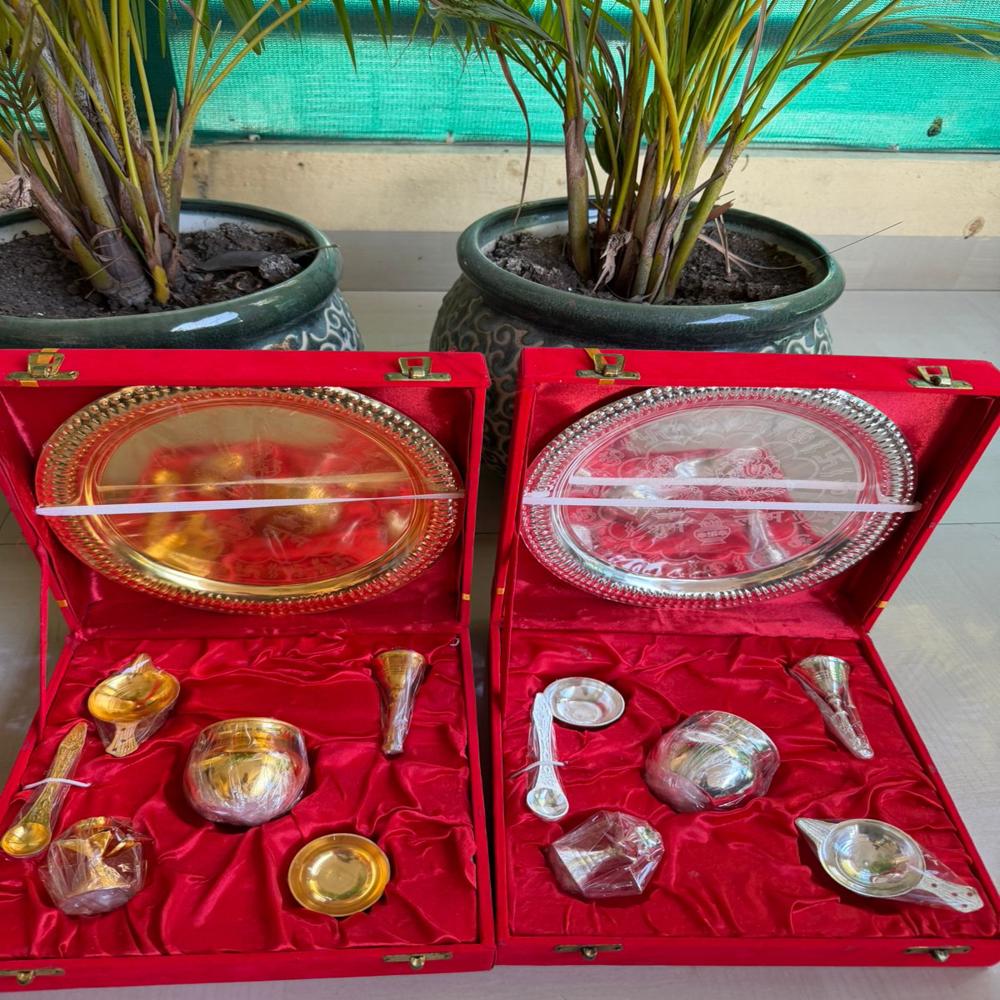 Ganesh Laxmi Imprinted Pooja Thali Set - Color: Golden & Silver