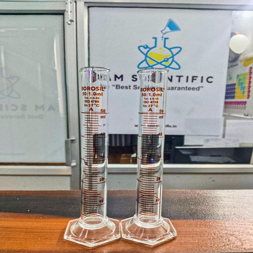 Borosil Class A Hexagonal Base Pour Out Cylinder with Individual Calibration Certificate (50 ml)