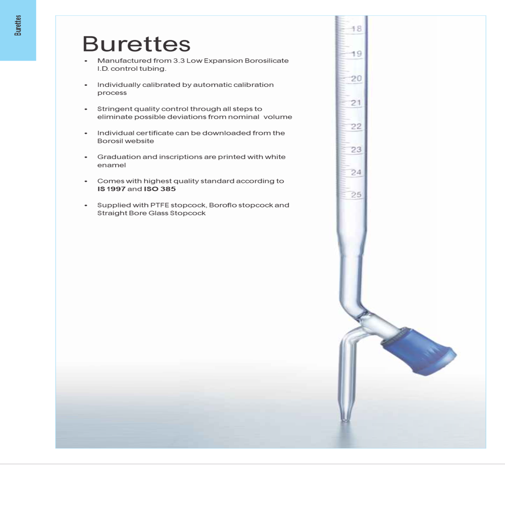BURETTES With Boroflo stopcock, Class A, with Individual Calibration Certificate