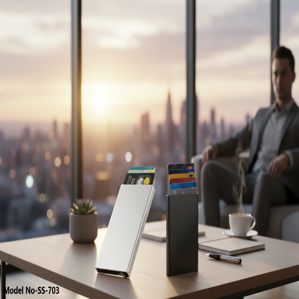 Black Metal Unisex RFID Protected Smart Pop-Up Card Holder (SS-703)