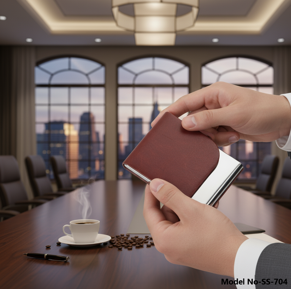 PU Leather & Stainless Steel Flip-Open Business Card Holder (SS-704)