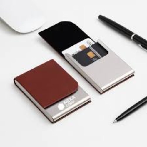 PU Leather & Stainless Steel Flip-Open Business Card Holder (SS-704)