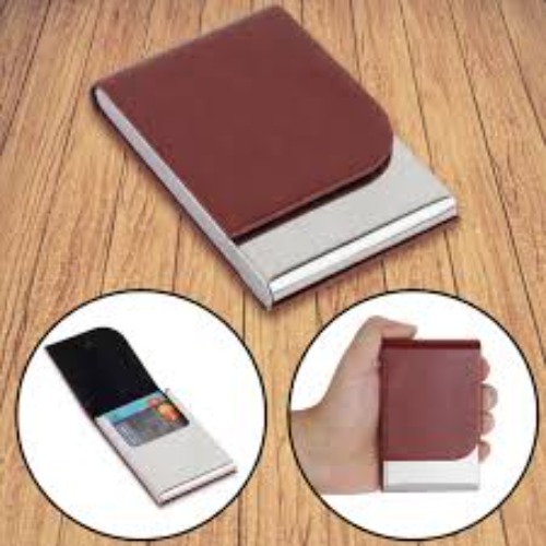 PU Leather & Stainless Steel Flip-Open Business Card Holder (SS-704)