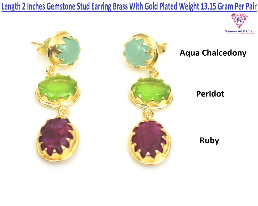 Brass With 18k Gold Plated Multi Gemstone Stud Earring