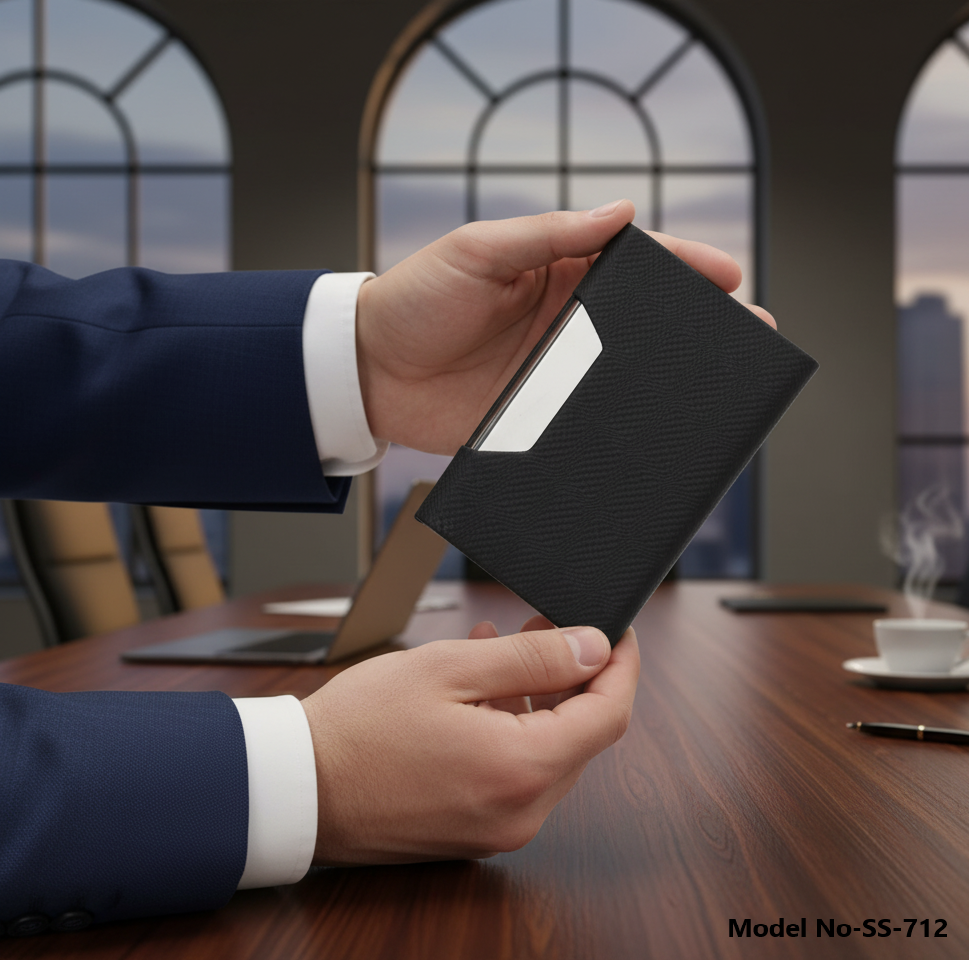 Premium Executive Textured Pu Leather Visiting Card Holder With Metal Pocket (Ss-712) - Color: Black