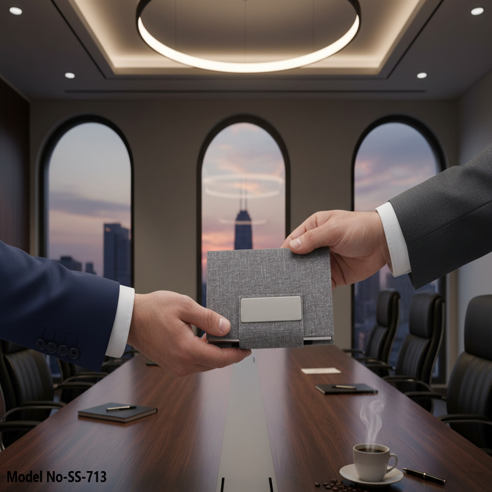 Professional Grey Fabric Finish Card Holder with Metal Branding Plate (SS-713)