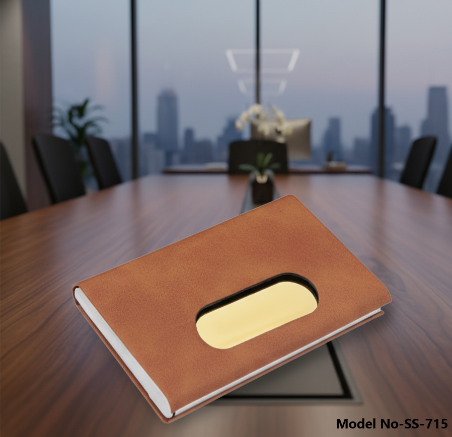 Tan Brown Pu Leather Executive Visiting Card Holder With Gold Metal Plate (Ss-715) - Design Type: Classic