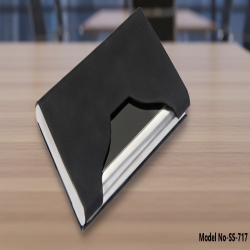 Black Pu Leather Visiting Card Holder With Stainless Steel Body Wave Cut Design (Ss-717) - Design Type: Classic