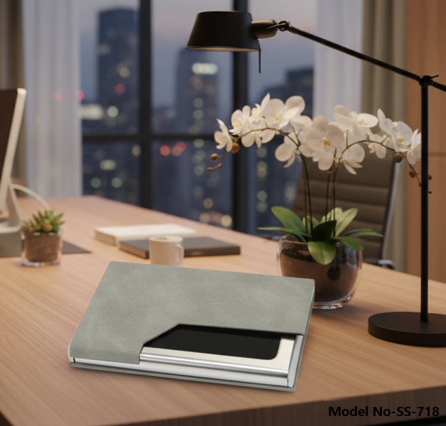 Premium Grey Suede-Finish Pu Leather & Metal Visiting Card Holder (Ss-718) - Design Type: Sleek